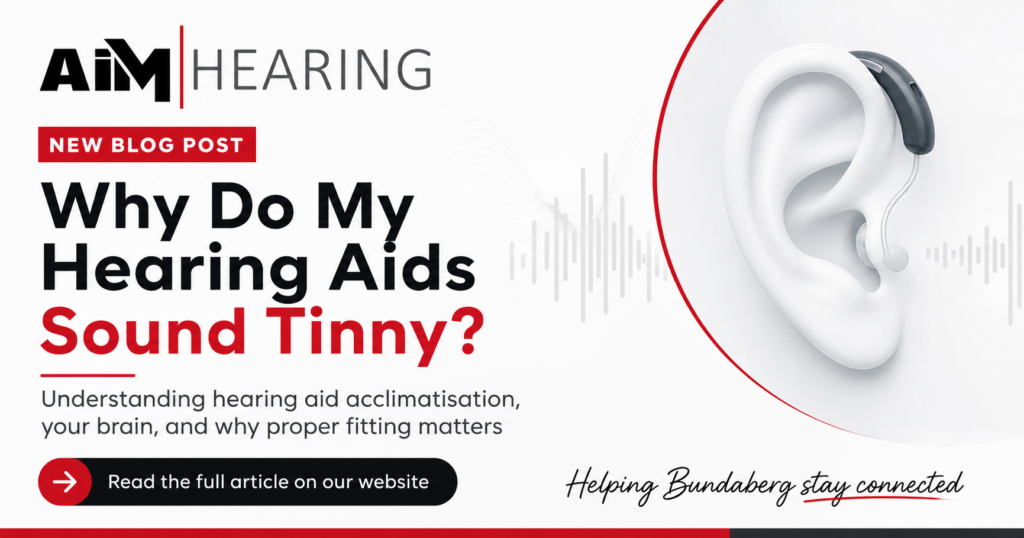 Why do my hearing aids sound tinny — behind-the-ear hearing aid on an ear with sound waves, AIM Hearing Bundaberg