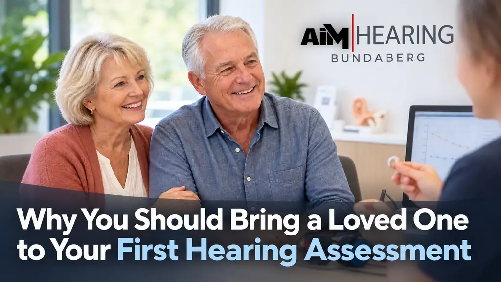 Older couple attending a hearing assessment together at AIM Hearing Bundaberg, illustrating why you should bring a loved one to your first hearing assessment