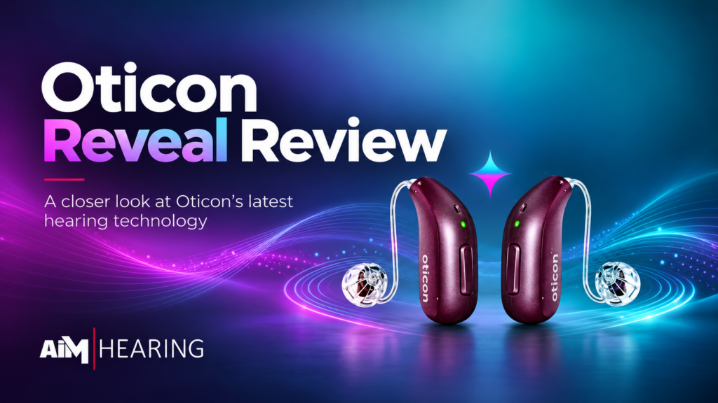 Oticon Reveal hearing aids in Deep Plum with the heading "Oticon Reveal Review", AIM Hearing Bundaberg